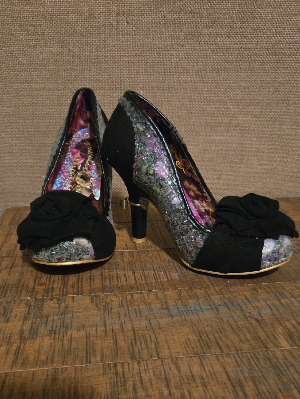 Irregular Choice Women’s Black and Purple Floral Accent High Heels